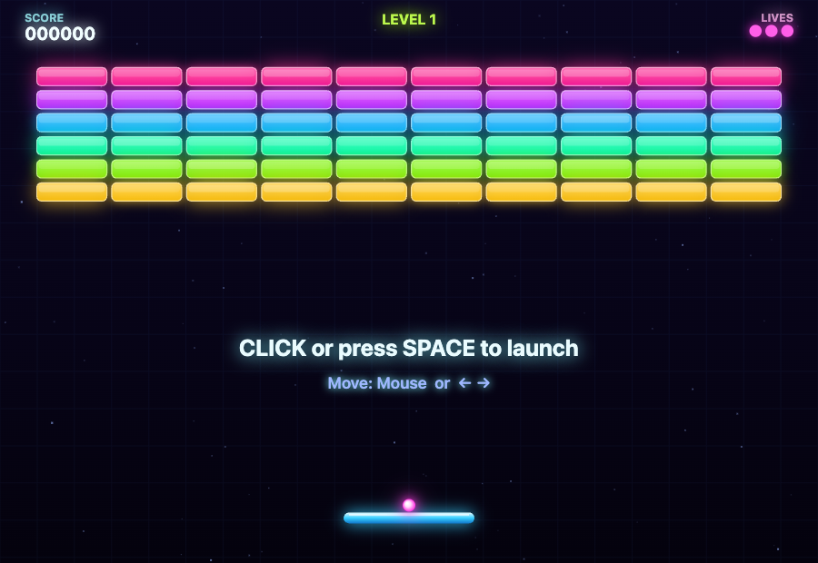 Neon Breakout — Zevyn CLI · Claude engine (screenshot)